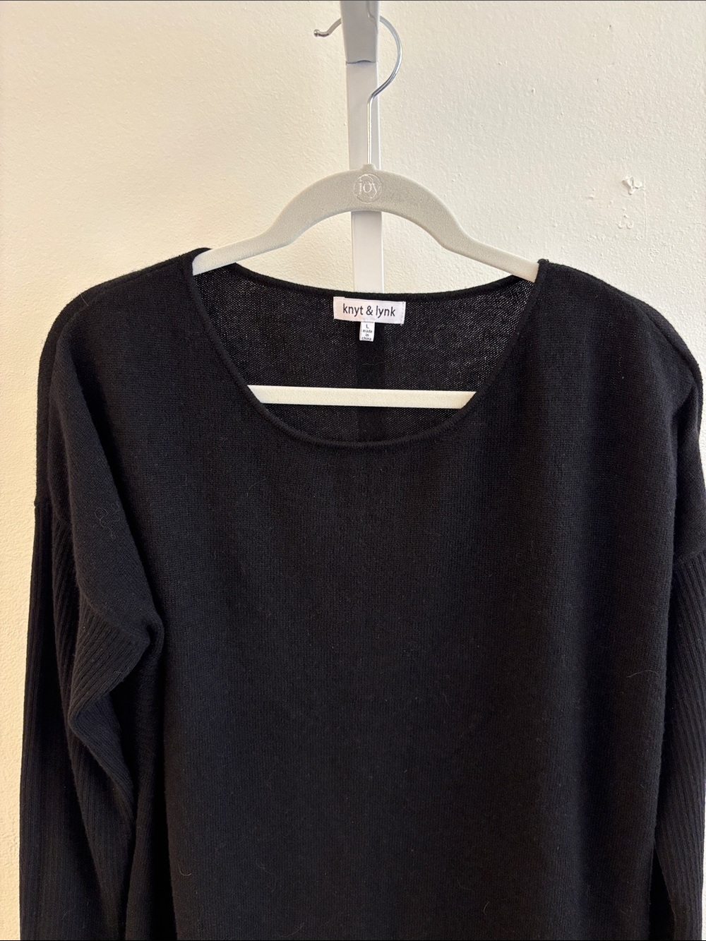 Knyt & Lynk 100% Cashmere Fringe Hem Sweater Black Soft Lightweight Size Large